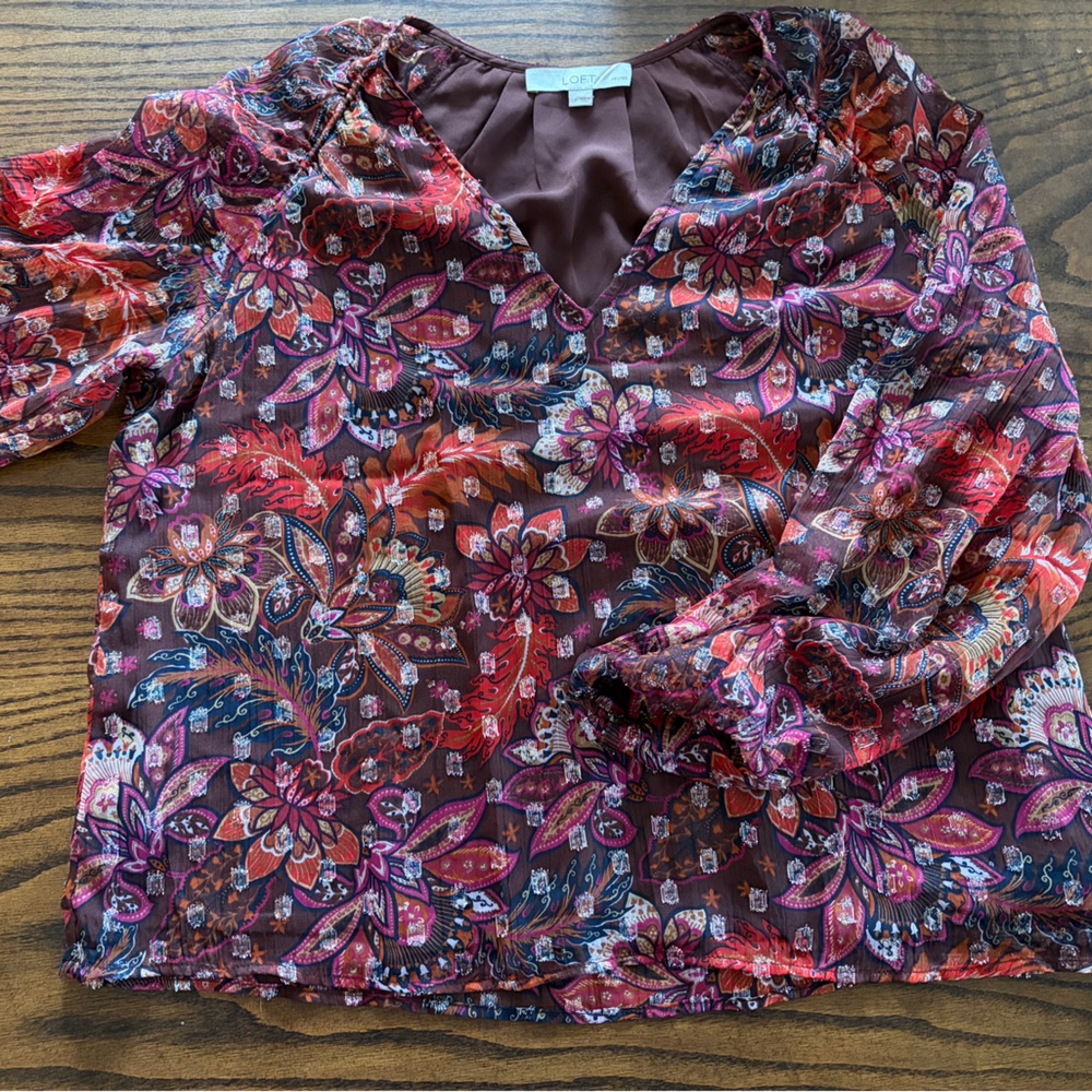 LOFT Burgundy Floral-Accent V-Neck Blouse